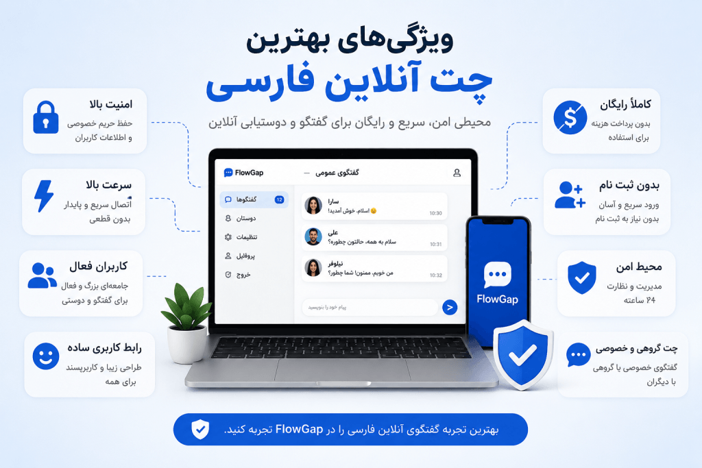 ویژگی‌های بهترین چت آنلاین فارسی شامل امنیت، سرعت، کاربران فعال و ورود بدون ثبت نام